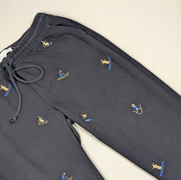 Loft Lou Grey Embroidered Skier Terry Sweatpants Medium Black Cotton Drawstring - Picture 7 of 16